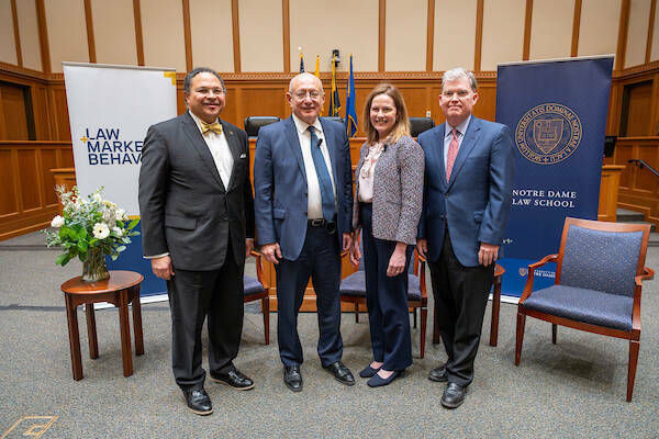 Left to Right: ND Law Dean G. Marcus Cole, Israel Supreme Court Justice Alex Stein, U.S. Supreme Court Justice Amy Coney Barrett, ND Law Professor William Kelley