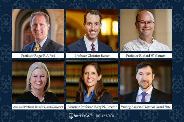 Headshots of six smiling Notre Dame Law School faculty.