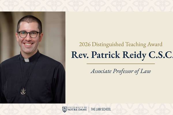 Smiling Rev. Patrick Reidy C.S.C., Associate Professor of Law, awarded the 2026 Distinguished Teaching Award.