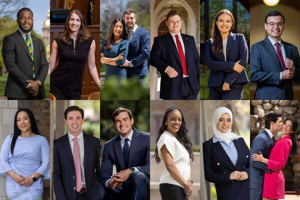 A grid of diverse individuals, all smiling, professionally dressed, with Notre Dame campus backdrops.