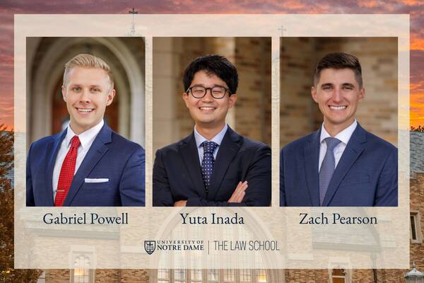 Gabriel Powell, Yuta Inada, and Zach Pearson smile in blue suits and ties. Notre Dame Law School.