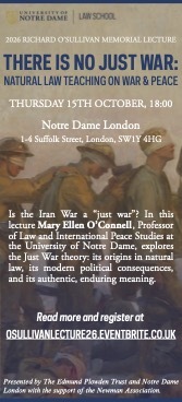 University of Notre Dame Law School lecture poster: "There is No Just War."
